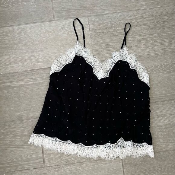 VICTORIAS SECRET CAMI Top Slip Polka Dot Black White Lace Trim size L - Picture 2 of 8